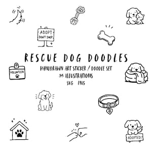 Puede incluir: Una colección de garabatos dibujados a mano en blanco y negro con temas de perros de rescate. El texto dice: RESCUE DOG DOODLES, HANDDRAWN ART STICKER / DOODLE SET, 35 ILLUSTRATIONS, SVG PNG. Los iconos incluyen una caseta, un hueso y un collar.