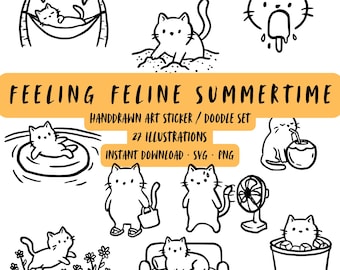 Summer Cats Clipart | Hand-Drawn Beach Bundle Doodle Set (SVG PNG)