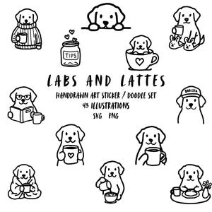May include: A black and white hand-drawn sticker set featuring Labrador retrievers with coffee cups, mugs, and a barista hat. The text "LABS AND LATTES" is displayed, along with "HANDDRAWN ART STICKER / DOODLE SET" and "43 ILLUSTRATIONS".
