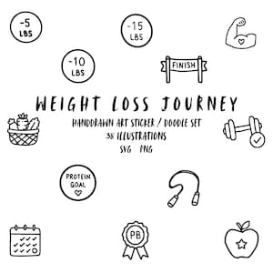 Icone doodle per il percorso di perdita di peso, pacchetto fitness e benessere, clipart per il monitoraggio delle abitudini, doodle per la pianificazione di uno stile di vita sano, Canva, Silhouette, Canva