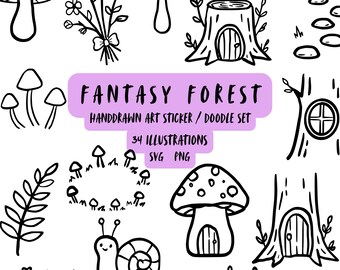 Fantasy Forest Clipart, Hand-Drawn Woodland Doodles, Whimsical Mushrooms, Fairies (SVG PNG)