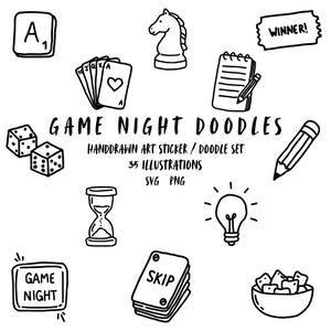 May include: A collection of black and white hand-drawn game night doodles including a Scrabble tile, chess knight, playing cards, notepad, dice, pencil, hourglass, lightbulb, bowl of snacks, and cards labelled "SKIP" and "GAME NIGHT".