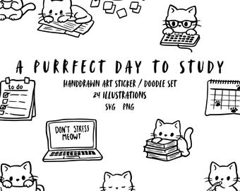 Study Cat Clipart Bundle, Hand Drawn Kawaii Kitten Stickers (SVG PNG)