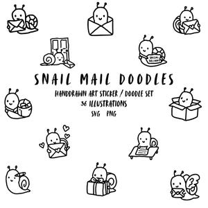 May include: Black and white hand-drawn illustrations of snails with mail-related objects. The text "SNAIL MAIL DOODLES" is displayed, along with "HANDDRAWN ART STICKER / DOODLE SET" and "36 ILLUSTRATIONS". The image includes SVG and PNG file types.