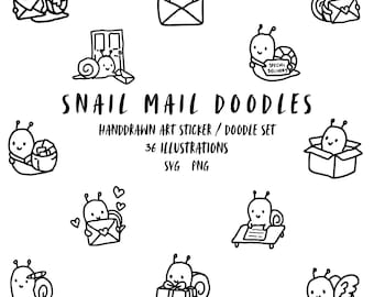 Snail Mail Doodles SVG Bundle, Hand-Drawn Cottagecore Clipart (SVG, PNG)