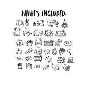 May include: Black and white line art illustration with the text "WHAT'S INCLUDED:" featuring various gardening and farming-related icons. Includes cats, plants, vegetables, and the text "FARMER'S MARKET".