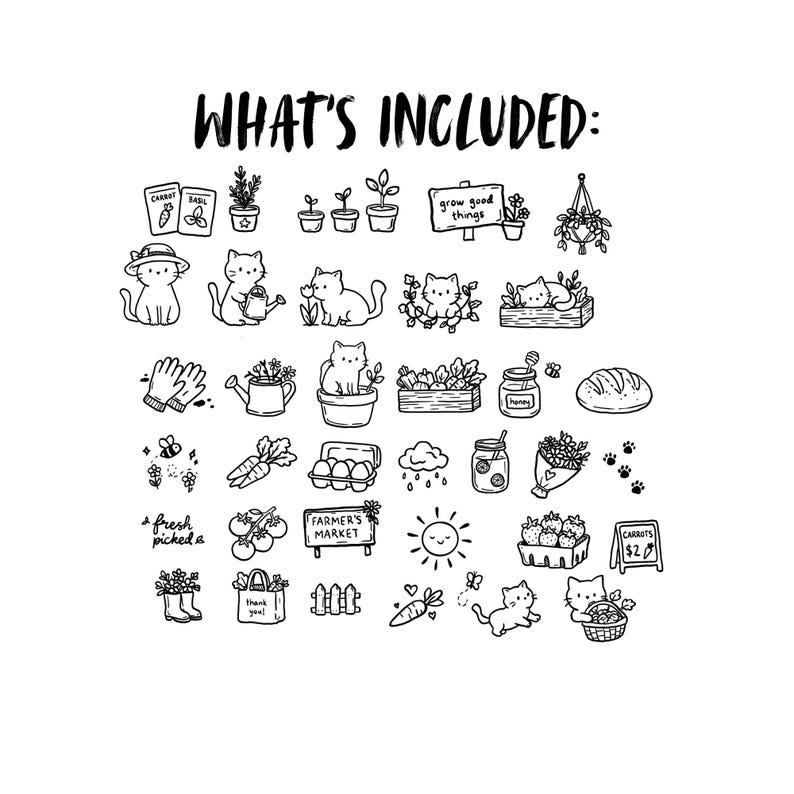May include: Black and white line art illustration with the text "WHAT'S INCLUDED:" featuring various gardening and farming-related icons. Includes cats, plants, vegetables, and the text "FARMER'S MARKET".