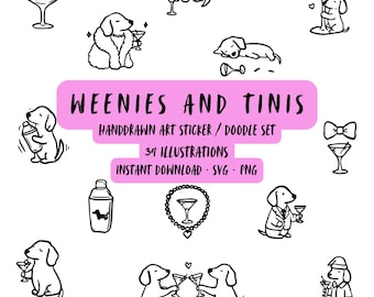 Dachshund Martini Clipart Bundle, Wiener Dog Cocktail Stickers, Dog Mom Art (SVG PNG)