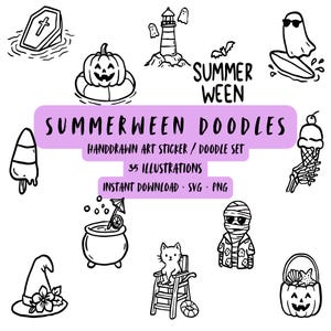 Sommardödens klotter Clipart, handritade Halloween-ikoner, läskiga strandgrafik (SVG PNG)