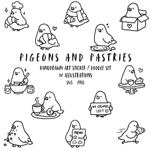 May include: Black and white hand-drawn illustrations of pigeons and pastries. The set includes 36 illustrations, with pigeons holding croissants, wearing chef hats, and holding signs that say "No Crumbs Left". The text "Pigeons and Pastries" is also included.