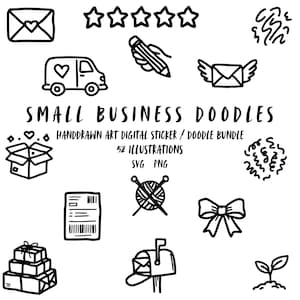 May include: Black and white doodle illustrations for small businesses. Includes a van with a heart, an open box, a package, a mailbox, a pencil, a bow, a sprout, and other icons. Text reads "SMALL BUSINESS DOODLES".