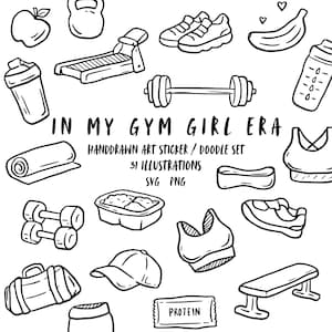 Puede incluir: Ilustraciones en blanco y negro dibujadas a mano de artículos relacionados con el fitness y el gimnasio, incluyendo pesas, una cinta de correr, un sujetador deportivo y una barra de proteínas. El texto dice "IN MY GYM GIRL ERA" y "PROTEIN".