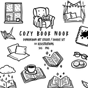 Puede incluir: Ilustraciones en blanco y negro de elementos de lectura acogedores. Incluye una ventana, un sillón, libros, almohadas, una taza de café y el texto "Cozy Book Nook". El conjunto contiene 33 ilustraciones en formatos SVG y PNG.