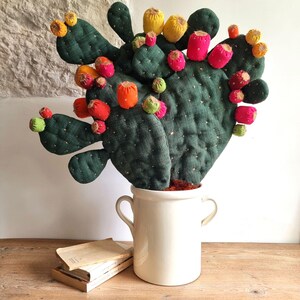 May include: A handcrafted, dark green fabric cactus with colorful, plush fruit in shades of red, orange, yellow, and green. The cactus is planted in a white ceramic pot with two handles. A stack of books rests on a wooden surface.