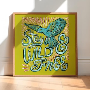 Cita "Mantente libre y salvaje", póster de aves, impresión de mediados de siglo, arte moderno para la pared de la cocina, arte para el dormitorio, arte para la pared de la habitación de los niños, impresiones para la habitación de los niños, pared de galería