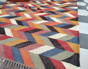 Handwoven Wool Jute Kilim Rug, Bohemian Dhurrie Rug
