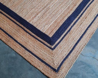 Blue Border Jute Rug 9x12, Hand Braided Vegan Area Rug