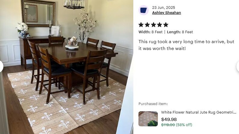 Floral Cotton Jute Rug, Modern Bohemian Decor, Custom Size image 8