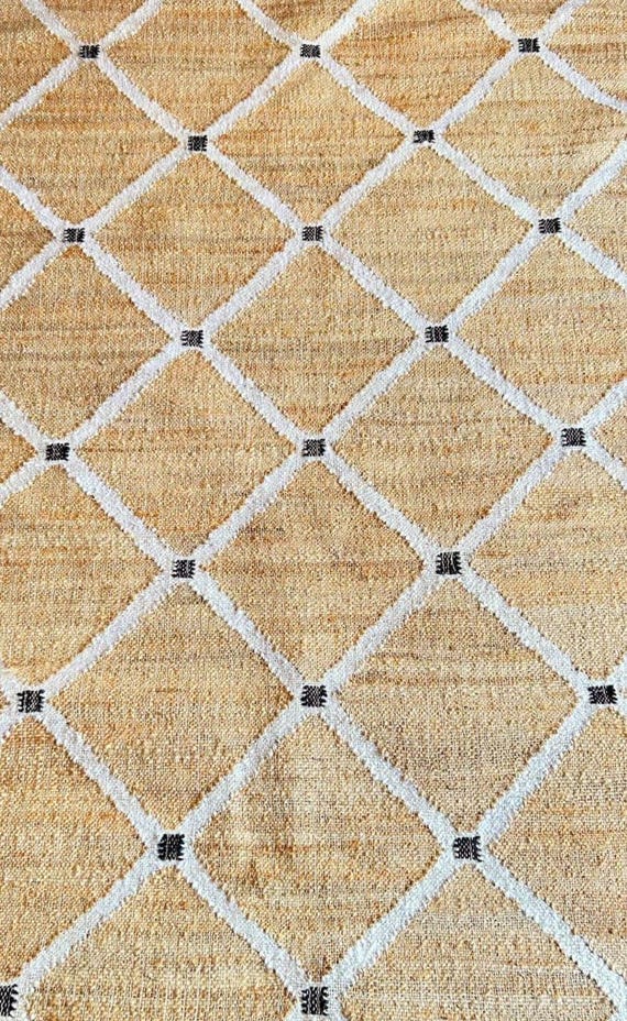 Hand Woven Cotton Jute Rug 8x10 Ivory Diamond, Boho Moroccan Style