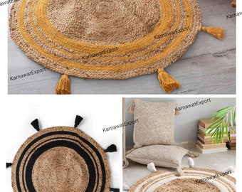 Handmade round braided jute rug, 4x4 round rug ,homemade rug, Indian jute rug, natural rug,rajasthani jute rug