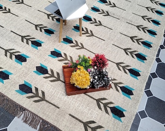 Handwoven Wool Jute Kilim Dhurrie Rug, Traditional Indian Area Rug