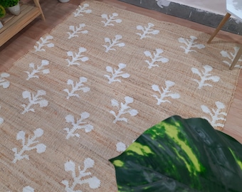 White Flower Jute Rug, Geometric Bohemian Decor, Customizable