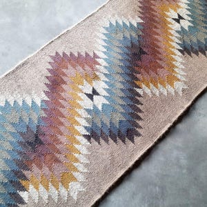 May include: A beige rug with a geometric pattern in shades of blue, brown, and yellow. The pattern is made up of repeating triangles and diamonds.