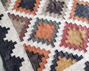 Handwoven Wool Jute Kilim Rug Bohemian Flatweave Rug