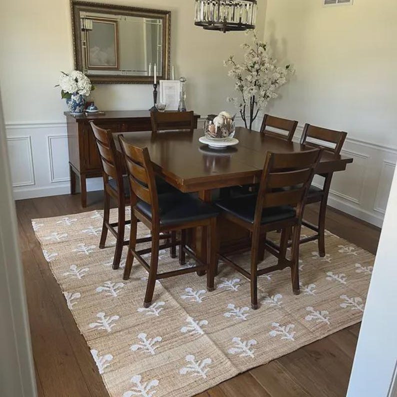 Floral Cotton Jute Rug, Modern Bohemian Decor, Custom Size image 1