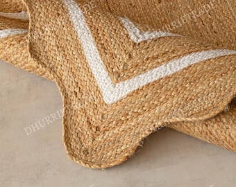 Alfombra de yute festoneada hecha a mano – Alfombra boho de fibra natural