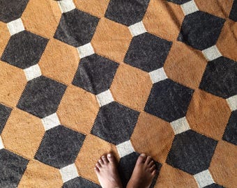Handgeweven wollen jute kelimtapijt, traditionele Indiase dhurrie, aangepast formaat