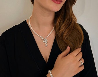 Bridal Jewelry Set For Bride Dainty, Sterling silver / Freshwater Pearl / Zircon, Necklace Earring Bracelet Ring, Wedding Engagement Gift