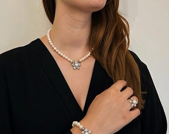 Bridal Jewelry Set For Bride Dainty, Sterling silver / Freshwater Pearl / Zircon, Necklace Earring Bracelet Ring, Wedding Engagement Gift