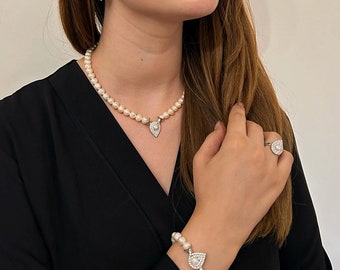 Bridal Jewelry Set For Bride Dainty, Sterling silver / Freshwater Pearl / Zircon, Necklace Earring Bracelet Ring, Wedding Engagement Gift