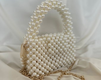 Bolso de mano con perlas, bolso de mano con perlas hecho a mano, bolso de hombro de lujo, bolso de noche, bolso de perlas para boda, bolso con cuentas de perlas