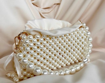 Bolso con cuentas de perlas, bolso clutch de perlas, bolso de noche, embrague de perlas hecho a mano, bolso de hombro de lujo, bolso de inspiración vintage, bolso de perlas de boda