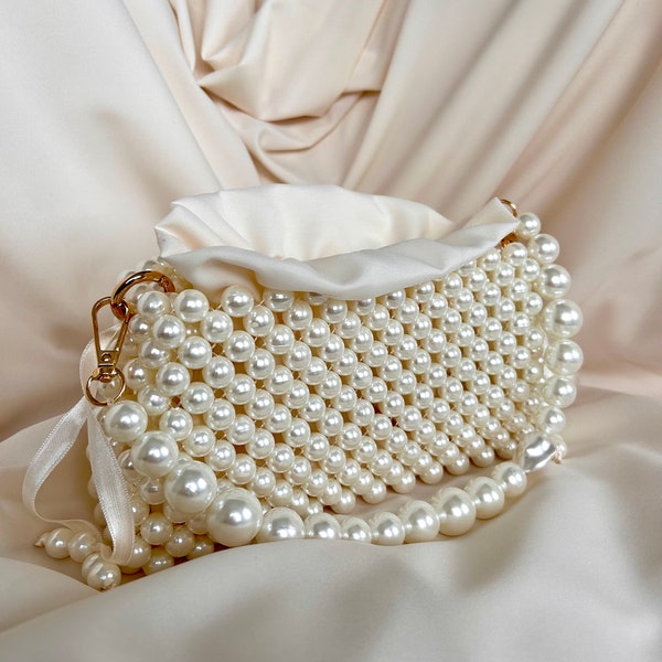 Pearl Beaded Bag, Pearl Clutch Bag, Evening Bag, Handmade Pearl Clutch, Luxury Shoulder Bag, Vintage Inspired Purse, Wedding Pearl Bag