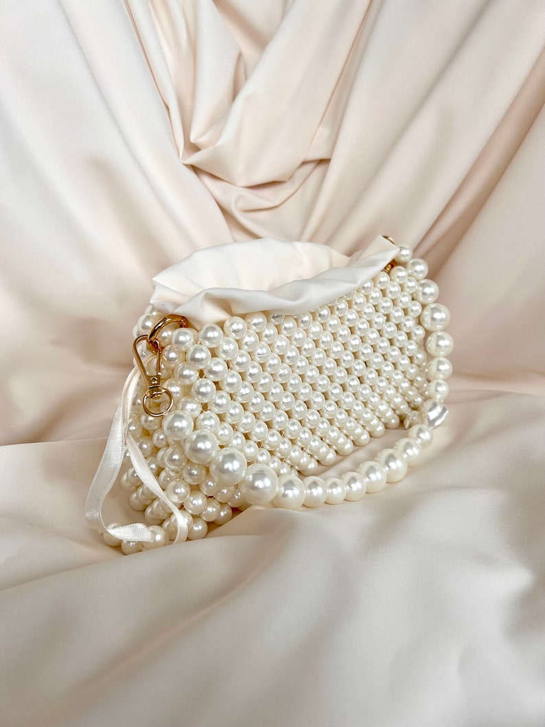 Pearl Beaded Bag, Pearl Clutch Bag, Evening Bag, Handmade Pearl Clutch, Luxury Shoulder Bag, Vintage Inspired Purse, Wedding Pearl Bag zdjęcie 9