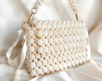 Bolso con cuentas de perlas, bolso clutch de perlas, bolso de noche, embrague de perlas hecho a mano, bolso de hombro de lujo, bolso de inspiración vintage, bolso de perlas de boda