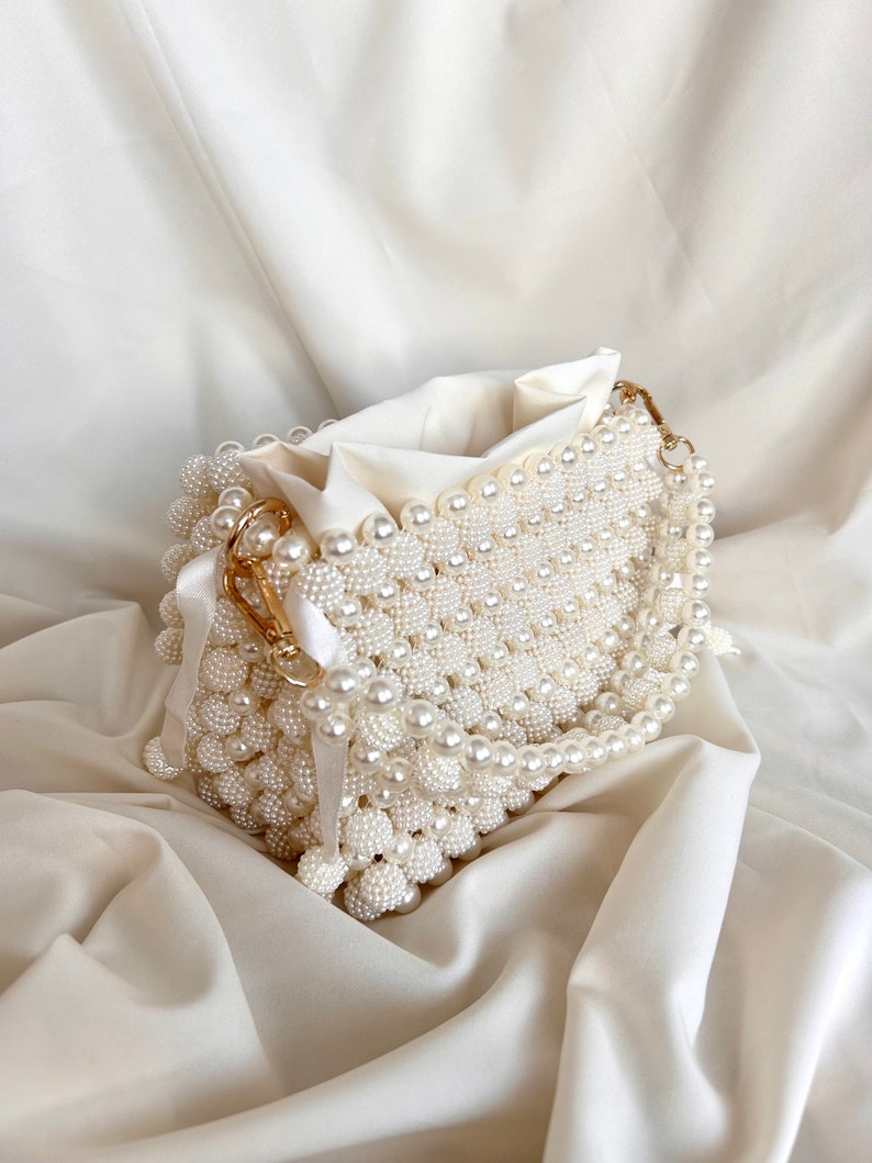 Pearl Beaded Bag, Pearl Clutch Bag, Evening Bag, Handmade Pearl Clutch, Luxury Shoulder Bag, Vintage Inspired Purse, Wedding Pearl Bag image 4