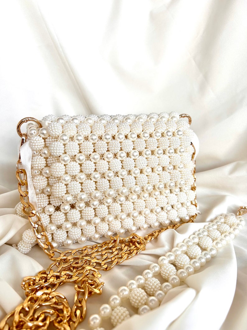 Pearl Beaded Bag, Pearl Clutch Bag, Evening Bag, Handmade Pearl Clutch, Luxury Shoulder Bag, Vintage Inspired Purse, Wedding Pearl Bag image 3