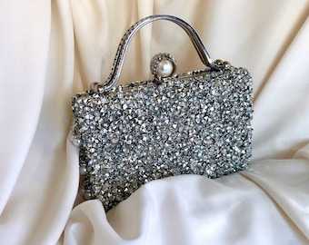 Luxury Silver Stone Embellished Silver Detailed Bag for Weddings and Special Occasions Luxury Bag