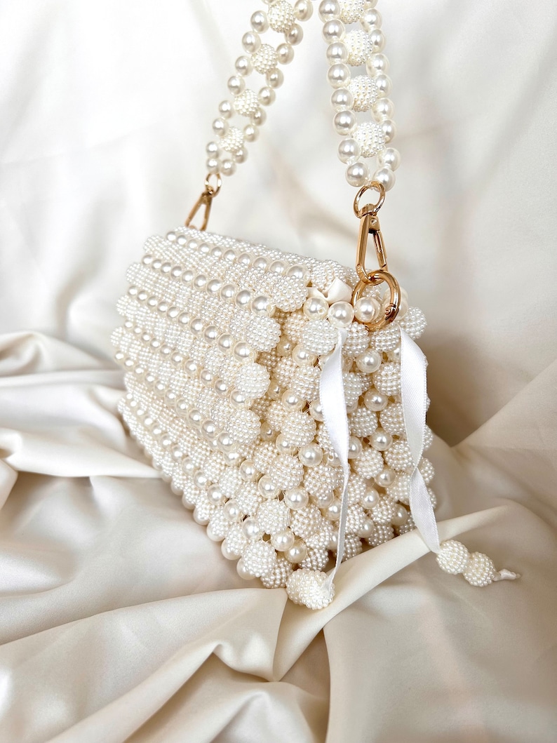 Pearl Beaded Bag, Pearl Clutch Bag, Evening Bag, Handmade Pearl Clutch, Luxury Shoulder Bag, Vintage Inspired Purse, Wedding Pearl Bag image 5