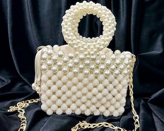 Pearl Beaded Bag, Pearl Clutch Bag, Evening Bag, Handmade Pearl Clutch, Luxury Shoulder Bag, Vintage Inspired Purse, Wedding Pearl Bag