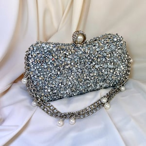 Luxuriöse, mit silbernen Steinen verzierte, detaillierte Silbertasche für Hochzeiten und besondere Anlässe. Luxustasche