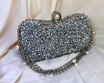 Luxury Silver Stone Embellished Silver Detailed Bag for Weddings and Special Occasions Luxury Bag