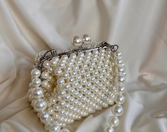 Pearl Beaded Bag, Pearl Clutch Bag, Evening Bag, Handmade Pearl Clutch, Luxury Shoulder Bag, Vintage Inspired Purse, Wedding Pearl Bag
