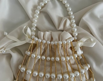 Pearl Beaded Bag, Pearl Clutch Bag, Evening Bag, Handmade Pearl Clutch, Luxury Shoulder Bag, Vintage Inspired Purse, Wedding Pearl Bag