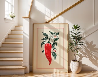 Red Chilli Art Print | Linocut Botanical Poster | Spicy Kitchen Wall Decor | Vintage Pepper Illustration | Red and Green Food Art | Rustic