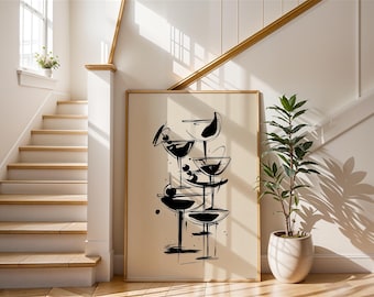Cocktail Bar Art Print | Minimalist Ink Glass Poster | Modern Martini Wall Decor | Black and Cream Lounge Illustration | Mixology Gift Idea